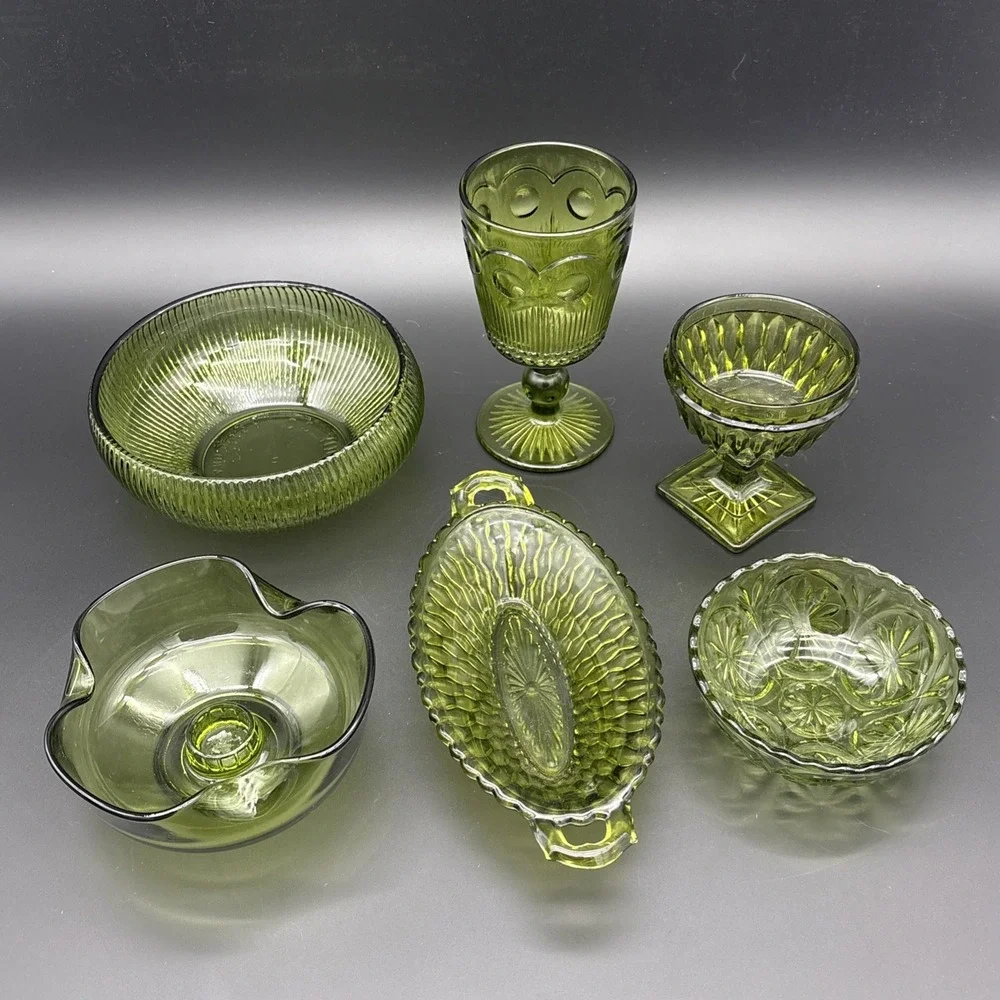 Instant 6-Pc Vintage Mid Century Green Glassware Collection Lot